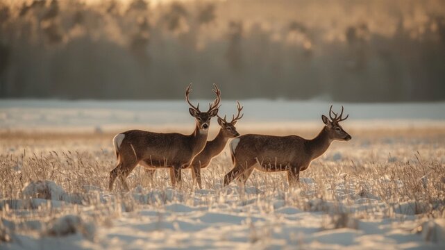 a group of deer in a snowy meadow