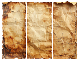 Three aged, creased, and browned paper sheets.  Vertical panels of textured, distressed paper with burn marks and visible wrinkles