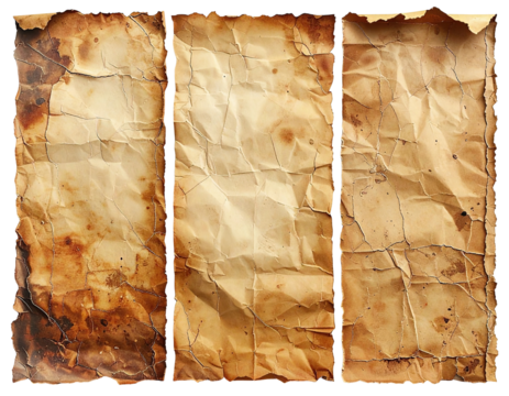 Three aged, creased, and browned paper sheets.  Vertical panels of textured, distressed paper with burn marks and visible wrinkles