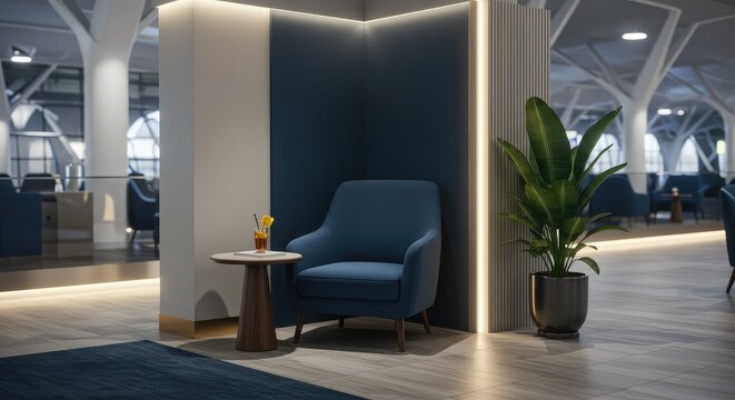Elegant modern lounge area beckons with plush seating, refreshing beverage, and lush plant, creating a serene oasis for relaxation and business.