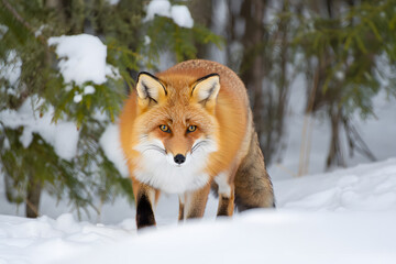 A beautiful wild red fox, Vulpes vulpes, in its natural winter habitat, its red fur standing out against the white snow