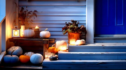 Spooky halloween decor home entrance image evening close-up glowing ghostly ambiance