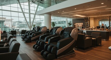 Luxurious airport lounge offers ultimate relaxation with massage chairs, plush seating, and upscale bar service for discerning travelers seeking comfort and tranquility before flights.
