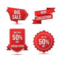 Red sale tags and stickers with discount offers and promotions.