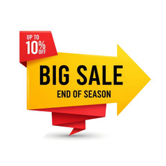 Big sale banner with origami style, end of season offer, up to 10% off.