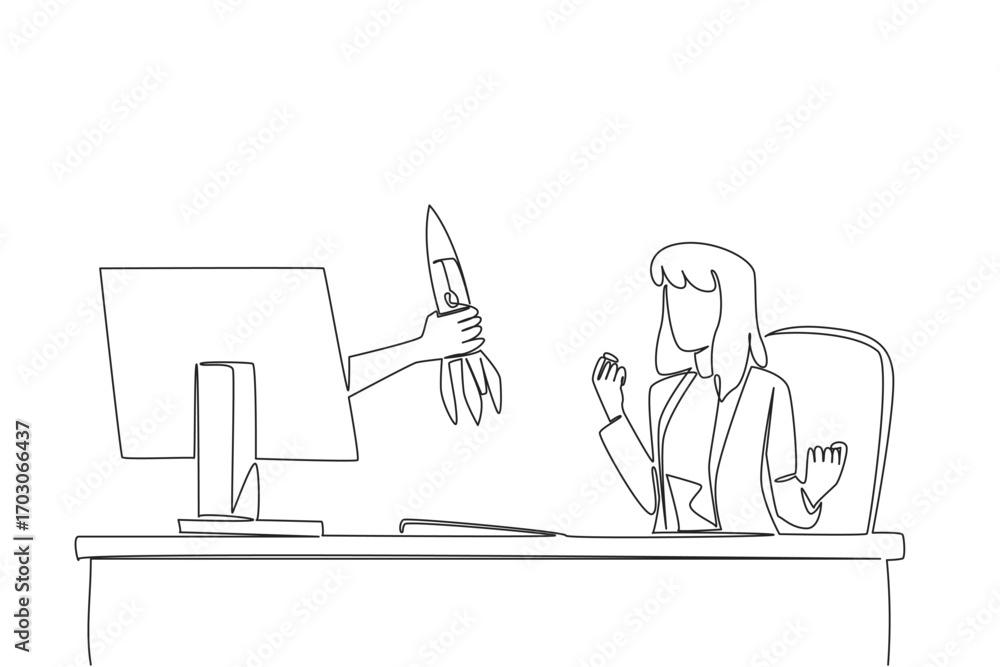 Poster continuous one line drawing hands out of the monitor screen while holding a rocket. launching a new 