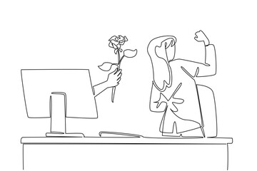 Single one line drawing hands out of the monitor screen while holding a rose flower. Date on Friday night after work. Youthful romance. Things from Screen. Continuous line design graphic illustration