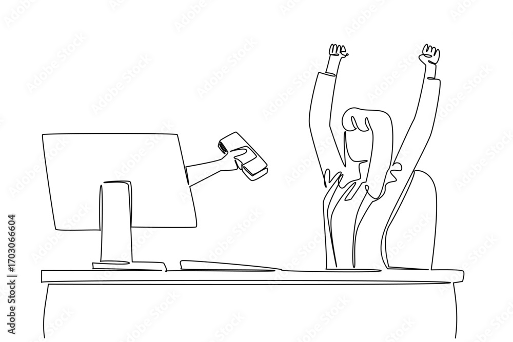 Poster continuous one line drawing hands out of the monitor screen while holding a stack of banknotes. happ