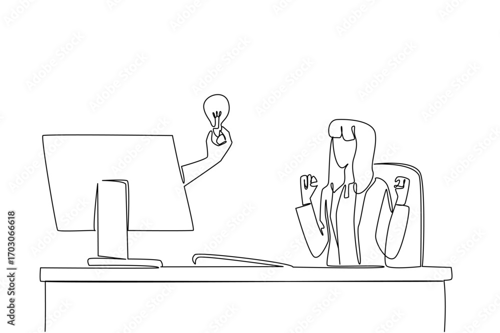 Aufkleber single continuous line drawing hands out of the monitor screen while holding a bulb lamp. the joy of
