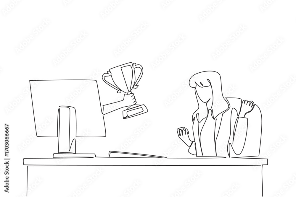 Poster single continuous line drawing hands out of the monitor screen while holding a trophy. awards are a 