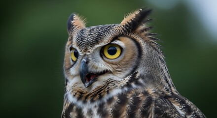 Obraz premium Close up of an owl with striking yellow eyes and detailed plumage.
