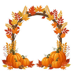 Autumnal archway decorated with leaves, branches, pumpkins, and acorns.