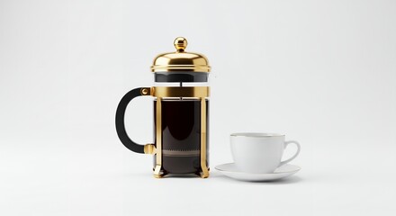 French press coffee maker with cup, gold and black coffee pot, breakfast drink, morning coffee, hot beverage, cafe, restaurant, kitchen, tableware, drinkware, still life, product photography, cof