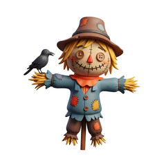 Whimsical Scarecrow Character with Crow — Harvest Festival Illustration

