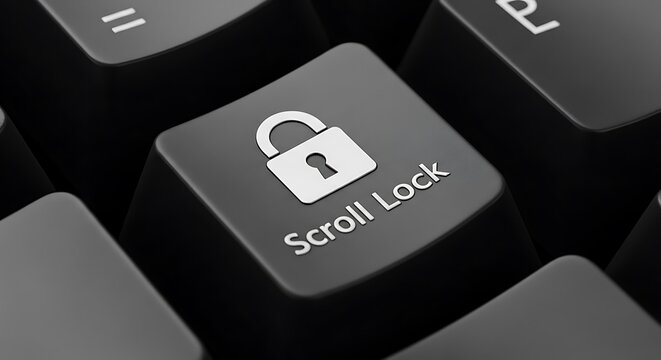 Close up of Scroll Lock key with padlock icon on black computer keyboard.