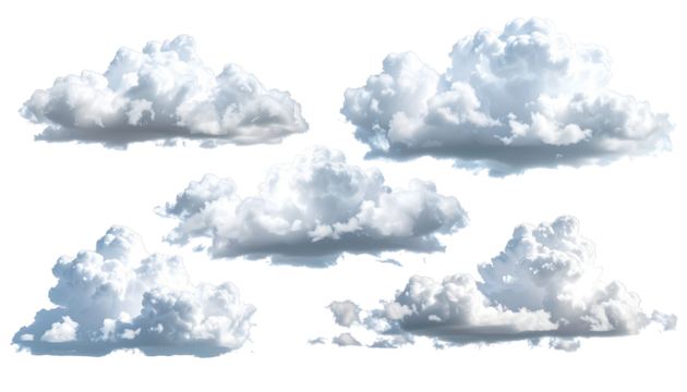 Six gray cumulus clouds arranged loosely in a horizontal grouping.  Softly outlined shapes