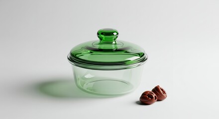 Glass jar with lid and chocolates, studio shot, product photography, food storage, kitchenware, transparent container, green lid, sweet treats, dessert, candy, confectionery, culinary, baking, co