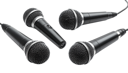 Four black microphones angled in a group