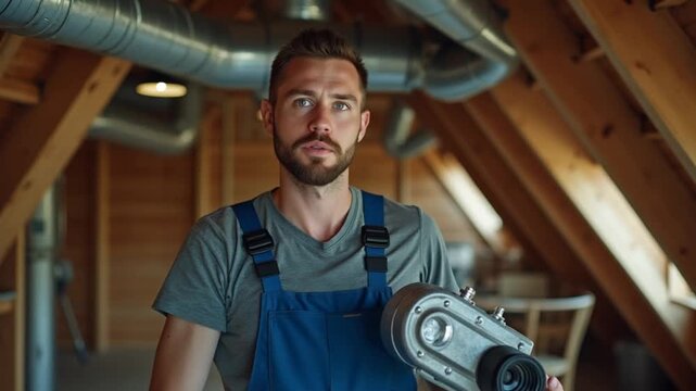 House Attic. Industrial Theme. Caucasian Technician in His 30s Assembly Air Ventilation Pipes.