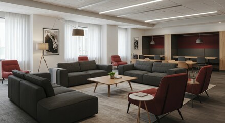 Inviting modern office lounge with comfortable seating and collaborative work pods creates a welcoming atmosphere for relaxation and teamwork, fostering productivity and connection.