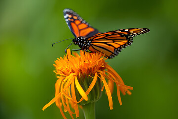 Fototapeta premium A vibrant orange monarch butterfly with black wings feeds on a colorful flower in a summer garden