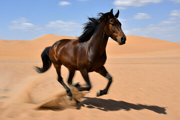 A beautiful brown stallion with a long mane on a rural pasture
