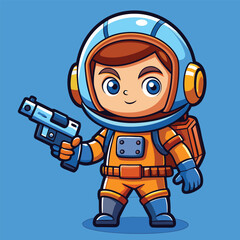 Fototapeta premium Adorable chibi astronaut holding a blue laser gun, wearing an orange space suit and helmet. Perfect for space-themed cartoons, character designs, or futuristic mascot art.