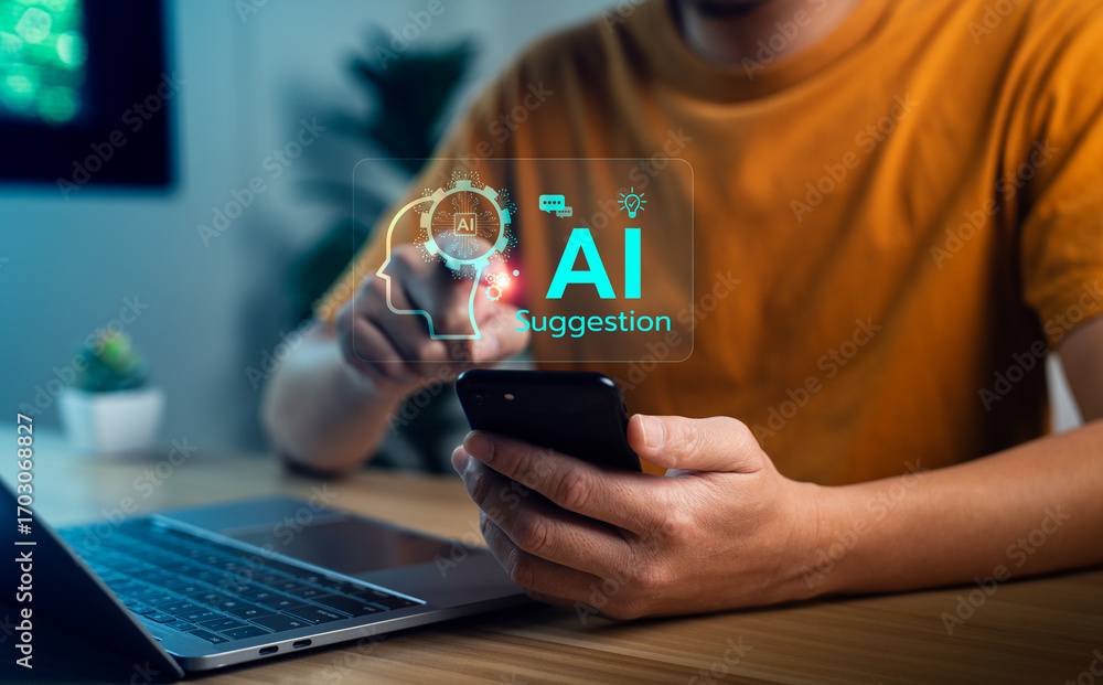 Poster ai-powered suggestion system concept with virtual assistant interface on smartphone, showing artific