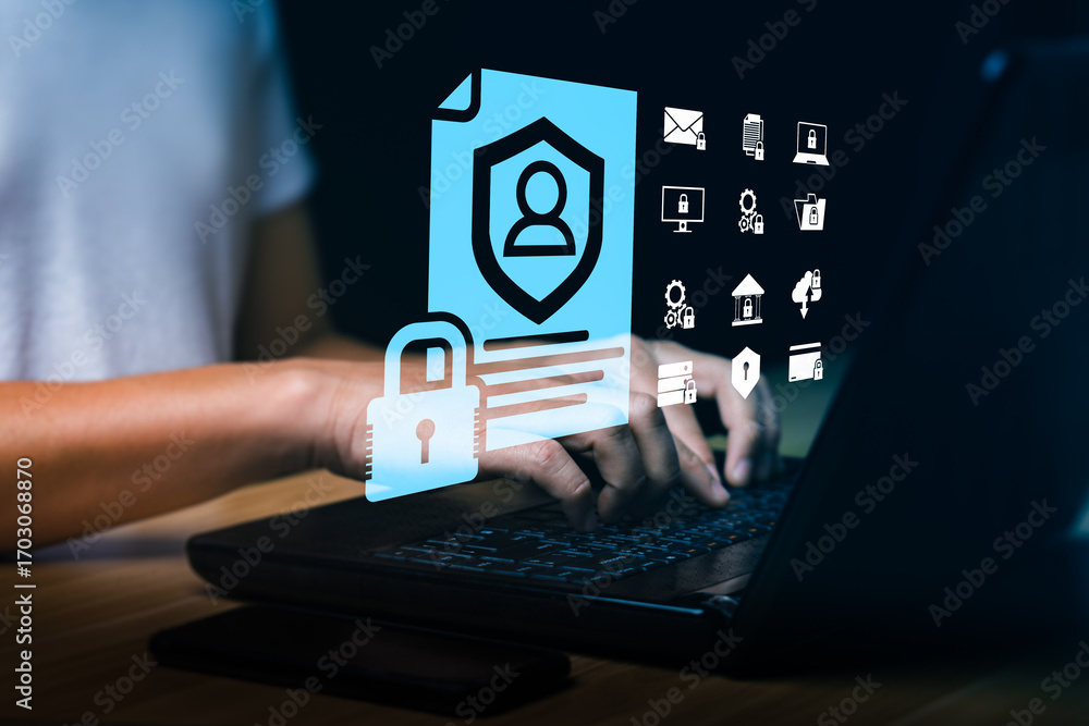 Poster cybersecurity and data privacy protection with user identity document icon, security lock, and digit