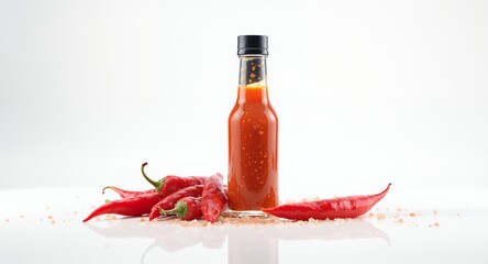 Hot sauce bottle with red chili peppers and spices on white background