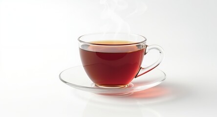 Fototapeta premium Hot Tea in Glass Cup on Saucer, Steam Rising, Refreshing Drink, Beverage Photography