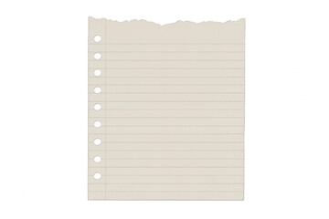 Lined notebook page with perforated edge, blank paper surface ready for writing or creative projects, positioned on transparent backdrop