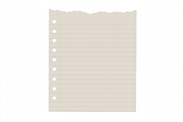 Lined notebook page with perforated edge, blank paper surface ready for writing or creative projects, positioned on transparent backdrop