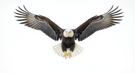 Obraz premium Majestic Bald Eagle in Flight, Wings Spread Wide, Isolated on White Background