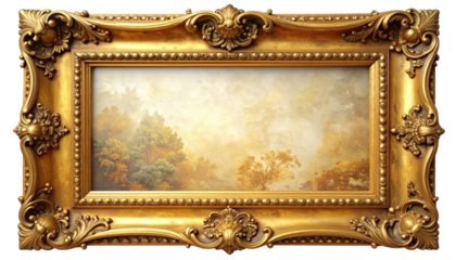 Ornate gold frame encasing a landscape painting. Soft, muted colors depict a misty, wooded scene