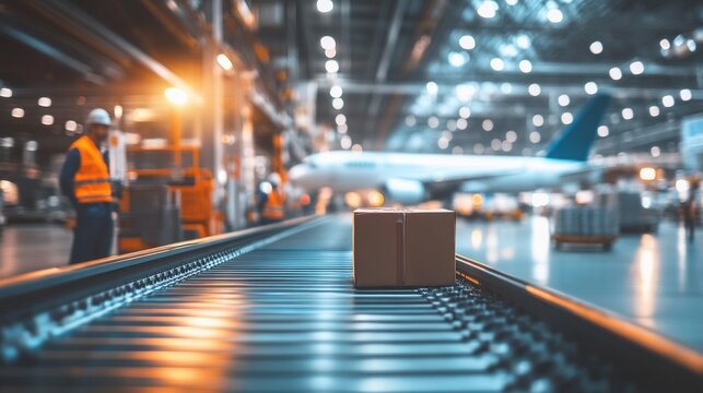 A dynamic and bustling airport cargo terminal with logistics workers handling packages on blurred background