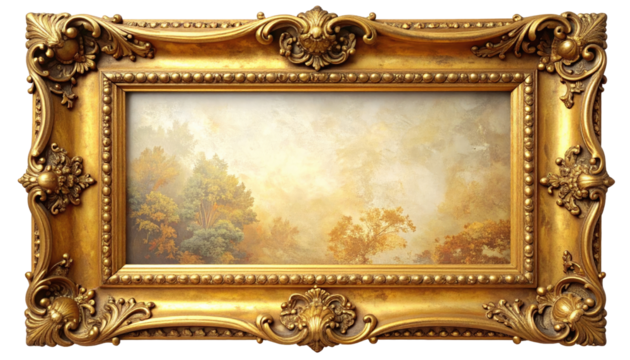 Ornate gold frame encasing a landscape painting.  Soft, muted colors depict a misty, wooded scene