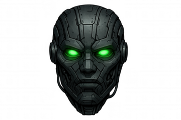 Metallic android head revealing luminescent green eyes, representing advanced cybernetic intelligence against transparent backdrop