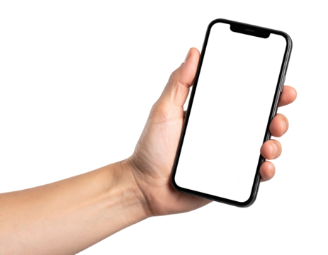 A hand holding a smartphone with a blank screen.  The phone is dark gray, and the screen is white. The hand is light-skinned, and the image is well-lit