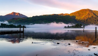 Misty lake sunrise panorama
