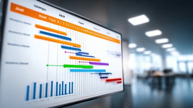 Digital Timeline Display: A captivating business office interior showcases a dynamic digital display, presenting a detailed business project timeline in a visually engaging way.