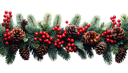 Festive garland of pine boughs, pinecones, and berries
