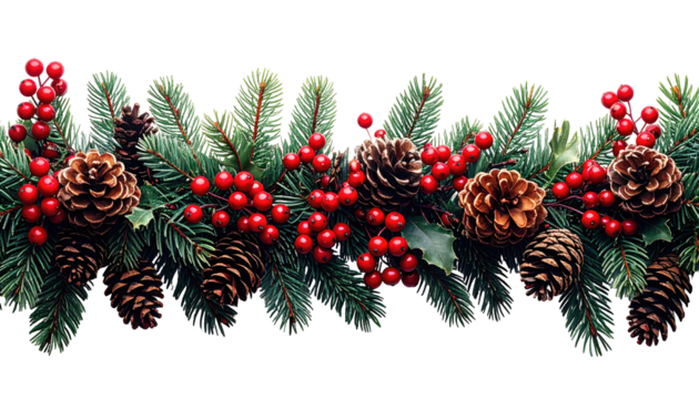 Festive garland of pine boughs, pinecones, and berries