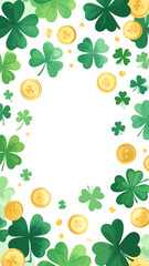 Naklejka premium Green clovers and gold coins frame.