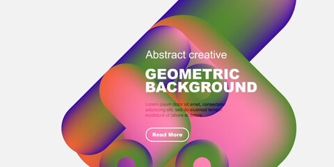 Vibrant abstract shapes overlap, creating dynamic geometric background. Text promotes further exploration via button.