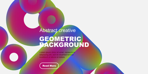 Obraz premium Vibrant abstract shapes dominate white space. Text promotes geometric background design, includes call to action.