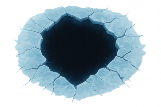 Dark ice cracking, revealing circular water pool against translucent surface, depicting winter's delicate breaking point