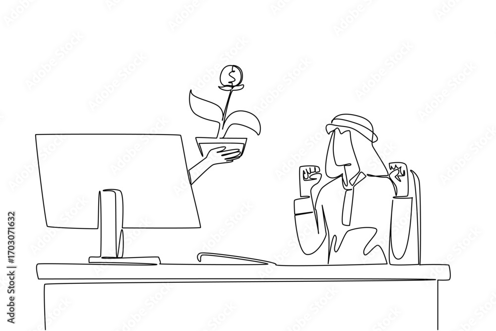 Poster single one line drawing hands out of the monitor screen while holding money tree with a coin dollar.