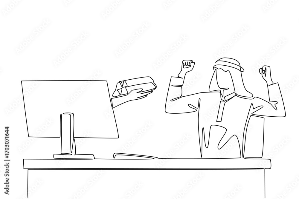 Aufkleber continuous one line drawing hands out of monitor screen while holding a gold stack. gold mining entr
