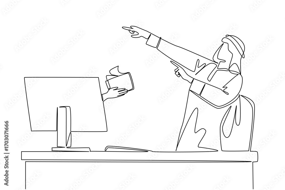 Poster continuous one line drawing hands out of monitor screen while holding a wallet with some money comin